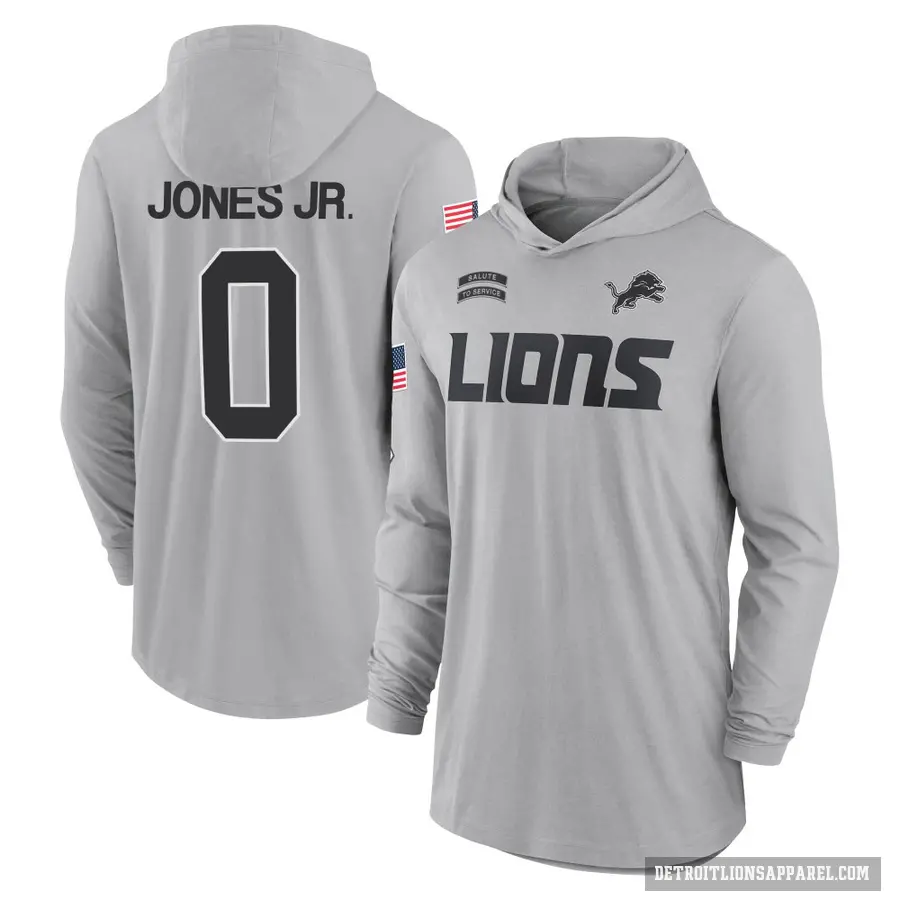 Men's ＃0 Marvin Jones Jr. Detroit Lions Gray 2024 Salute to Service Lightweight Performance Long Sleeve Hooded T-Shirt