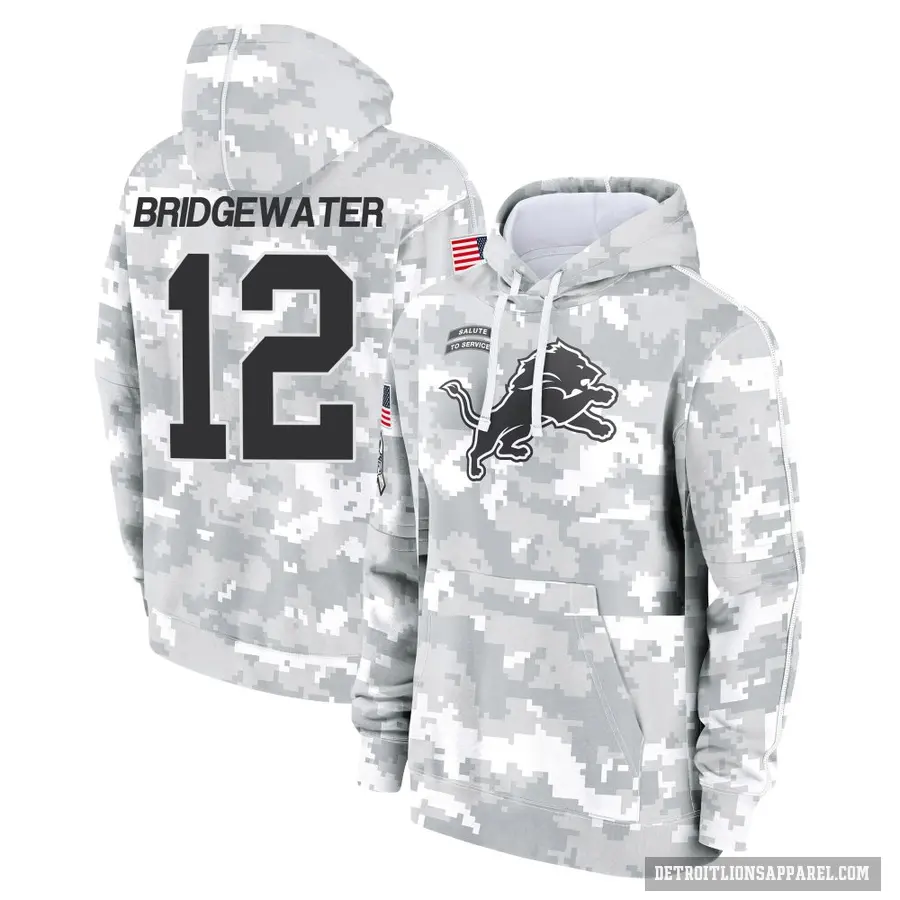 Men's ＃12 Teddy Bridgewater Detroit Lions Arctic Camo 2024 Salute to Service Club Fleece Pullover Hoodie