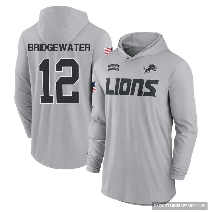 Men's ＃12 Teddy Bridgewater Detroit Lions Gray 2024 Salute to Service Lightweight Performance Long Sleeve Hooded T-Shirt