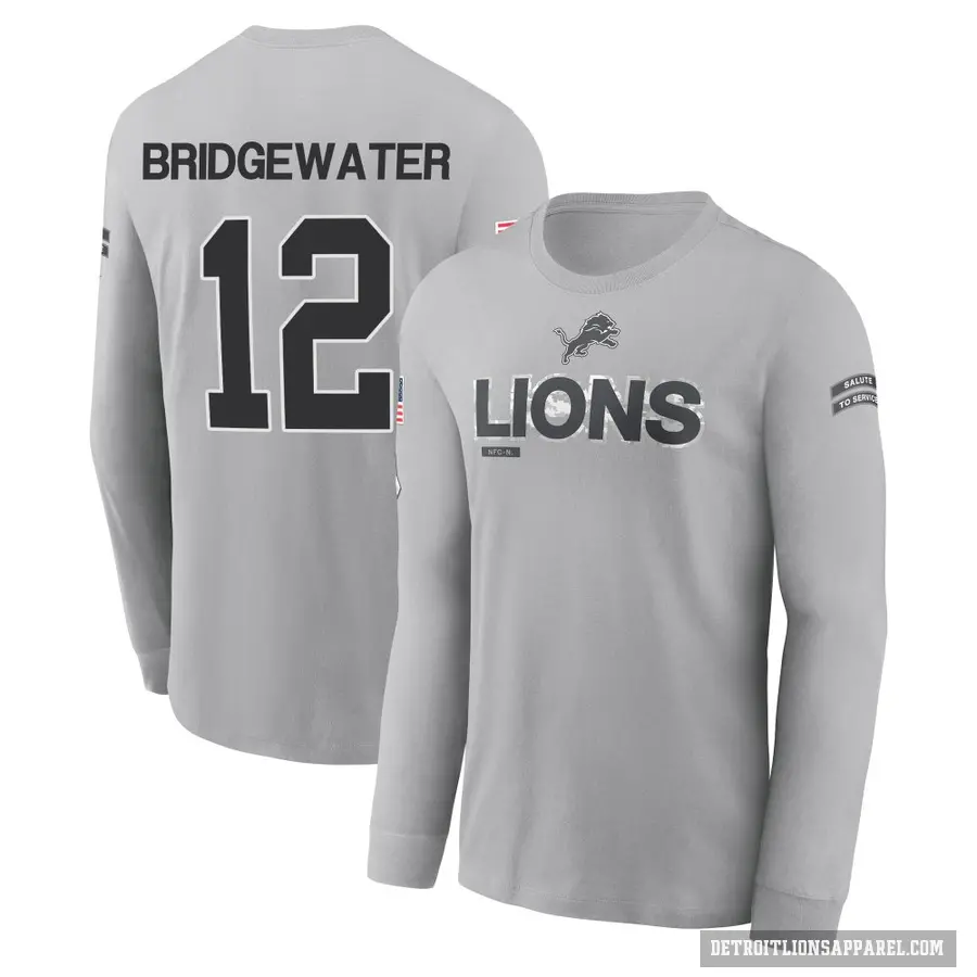 Men's ＃12 Teddy Bridgewater Detroit Lions Gray 2024 Salute to Service Long Sleeve T-Shirt