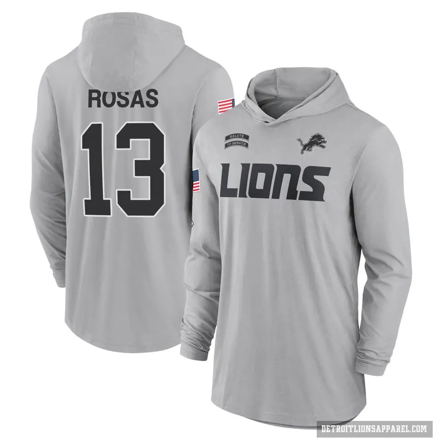Men's ＃13 Aldrick Rosas Detroit Lions Gray 2024 Salute to Service Lightweight Performance Long Sleeve Hooded T-Shirt