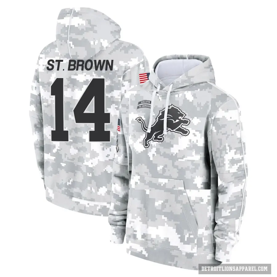 Men's ＃14 Amon-Ra St. Brown Detroit Lions Arctic Camo 2024 Salute to Service Club Fleece Pullover Hoodie