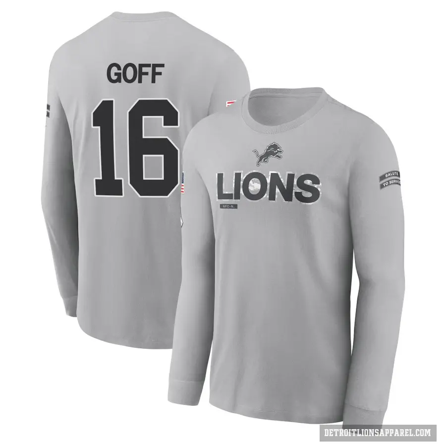 Men's ＃16 Jared Goff Detroit Lions Gray 2024 Salute to Service Long Sleeve T-Shirt