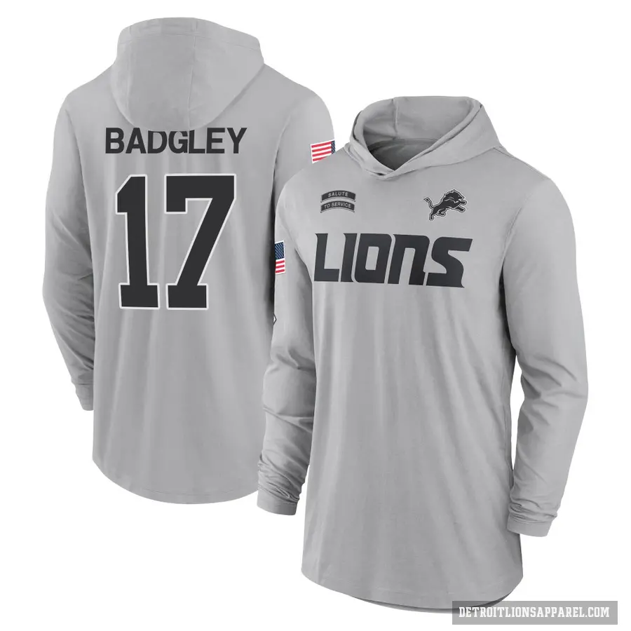 Men's ＃17 Michael Badgley Detroit Lions Gray 2024 Salute to Service Lightweight Performance Long Sleeve Hooded T-Shirt