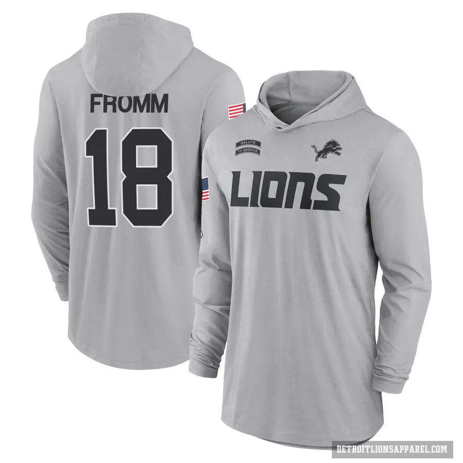 Men's ＃18 Jake Fromm Detroit Lions Gray 2024 Salute to Service Lightweight Performance Long Sleeve Hooded T-Shirt