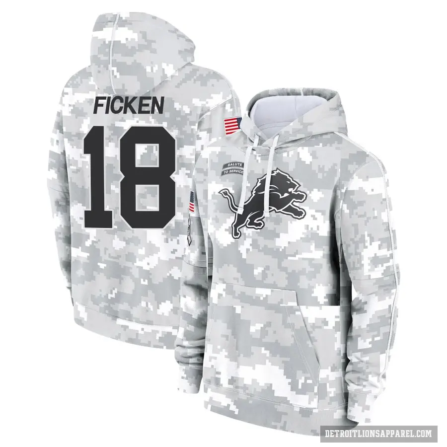 Men's ＃18 Sam Ficken Detroit Lions Arctic Camo 2024 Salute to Service Club Fleece Pullover Hoodie
