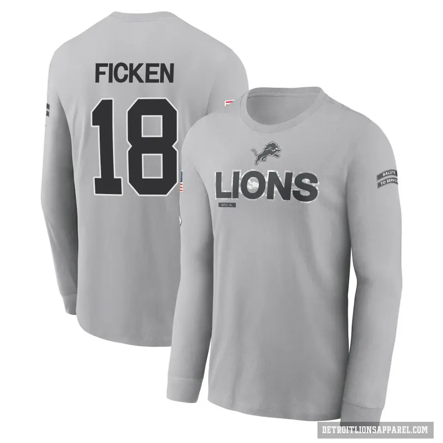 Men's ＃18 Sam Ficken Detroit Lions Gray 2024 Salute to Service Long Sleeve T-Shirt