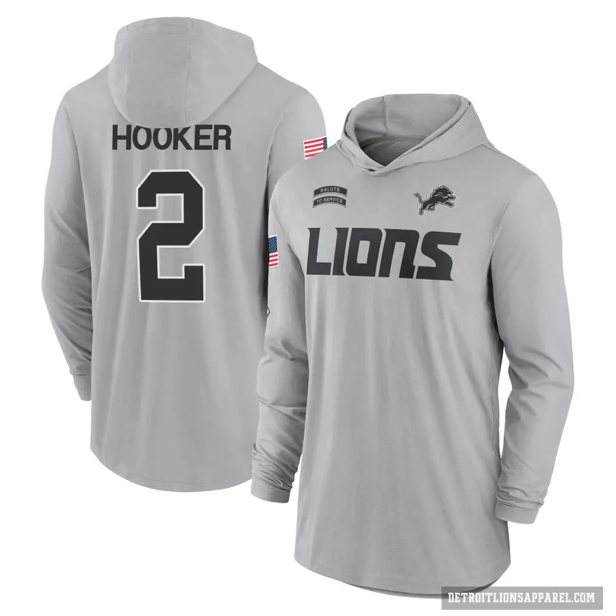 Men's ＃2 Hendon Hooker Detroit Lions Gray 2024 Salute to Service Lightweight Performance Long Sleeve Hooded T-Shirt