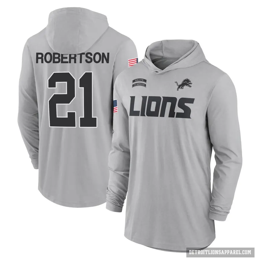Men's ＃21 Amik Robertson Detroit Lions Gray 2024 Salute to Service Lightweight Performance Long Sleeve Hooded T-Shirt
