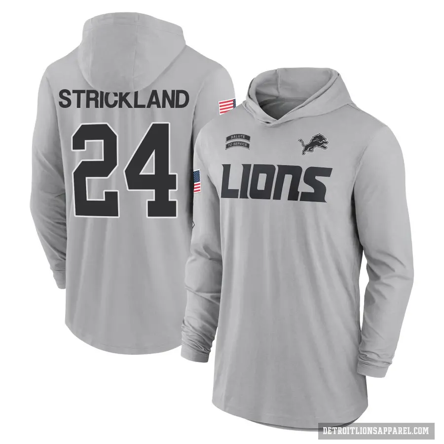 Men's ＃24 Loren Strickland Detroit Lions Gray 2024 Salute to Service Lightweight Performance Long Sleeve Hooded T-Shirt