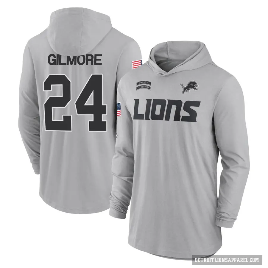 Men's ＃24 Steven Gilmore Detroit Lions Gray 2024 Salute to Service Lightweight Performance Long Sleeve Hooded T-Shirt