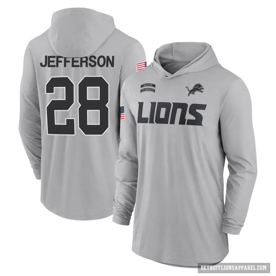 Men's ＃28 Jermar Jefferson Detroit Lions Gray 2024 Salute to Service Lightweight Performance Long Sleeve Hooded T-Shirt