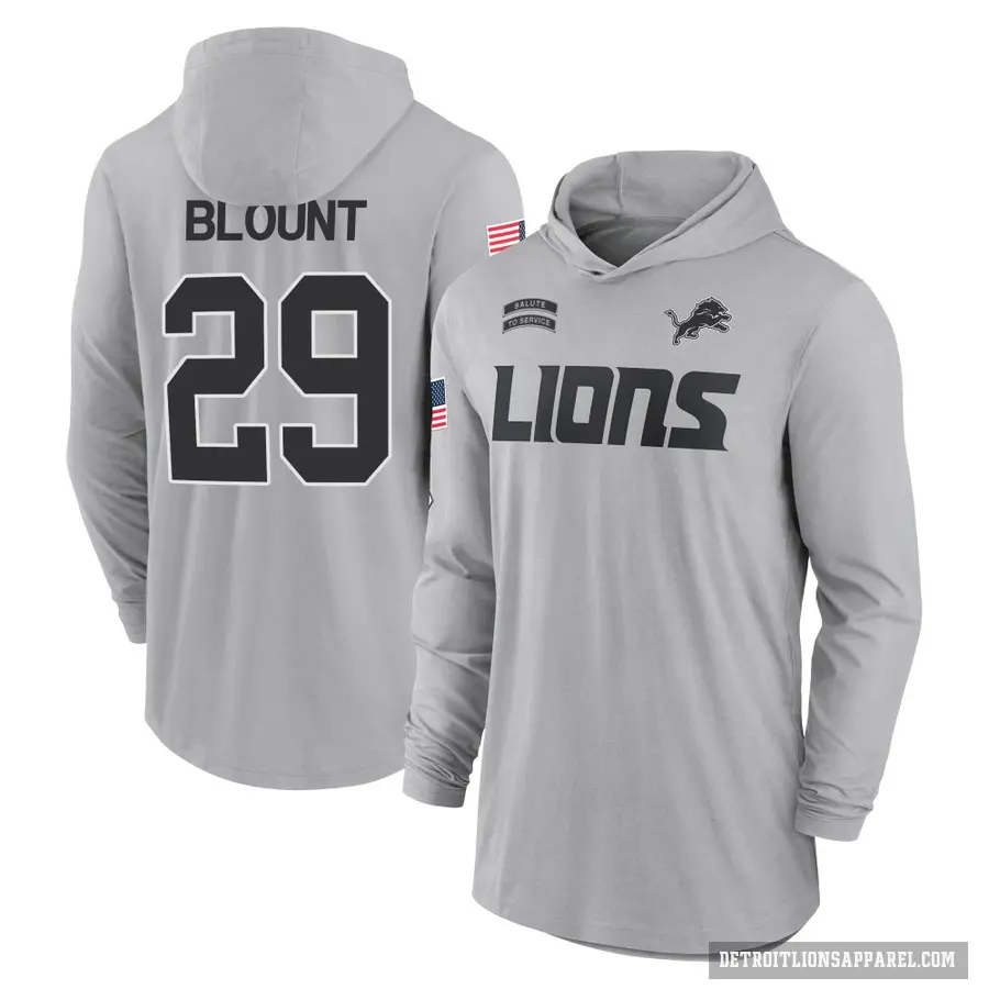 Men's ＃29 LeGarrette Blount Detroit Lions Gray 2024 Salute to Service Lightweight Performance Long Sleeve Hooded T-Shirt