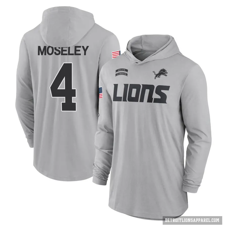 Men's ＃4 Emmanuel Moseley Detroit Lions Gray 2024 Salute to Service Lightweight Performance Long Sleeve Hooded T-Shirt