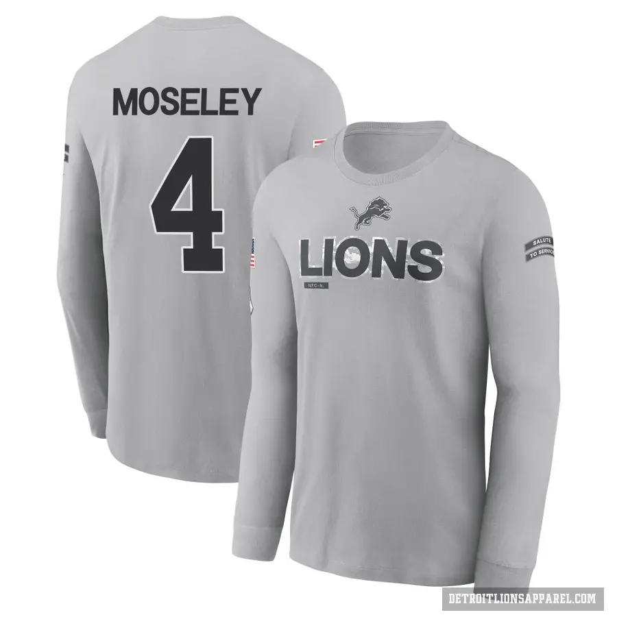 Men's ＃4 Emmanuel Moseley Detroit Lions Gray 2024 Salute to Service Long Sleeve T-Shirt
