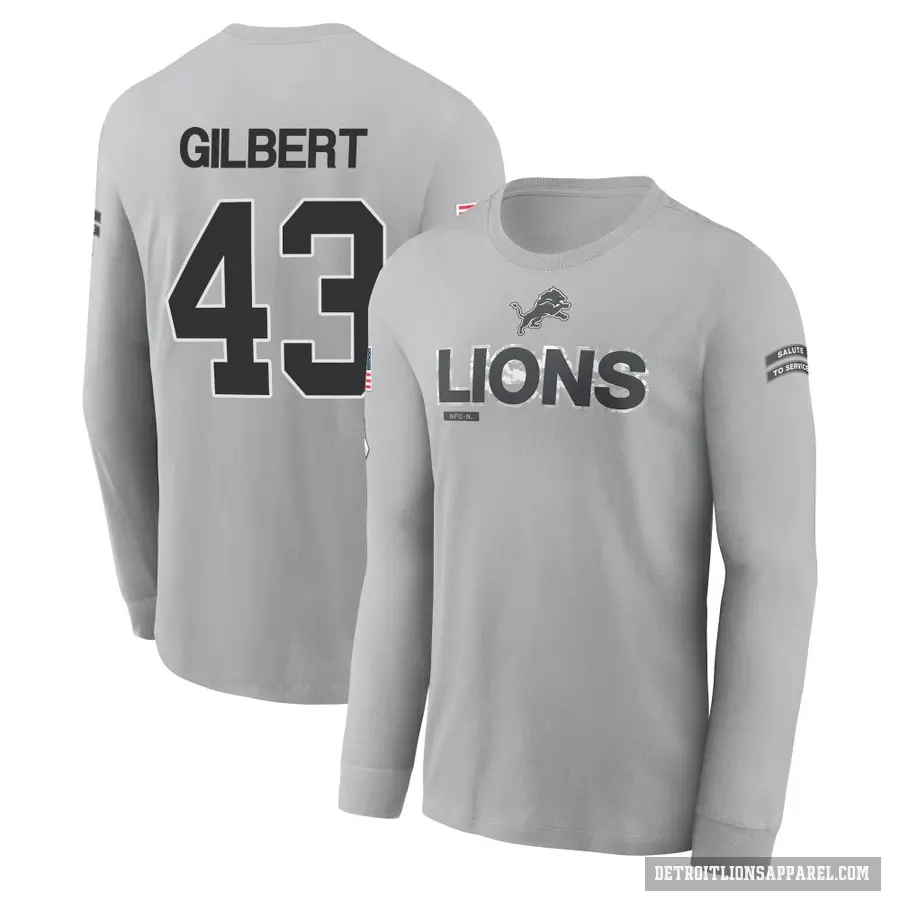 Men's ＃43 DaRon Gilbert Detroit Lions Gray 2024 Salute to Service Long Sleeve T-Shirt