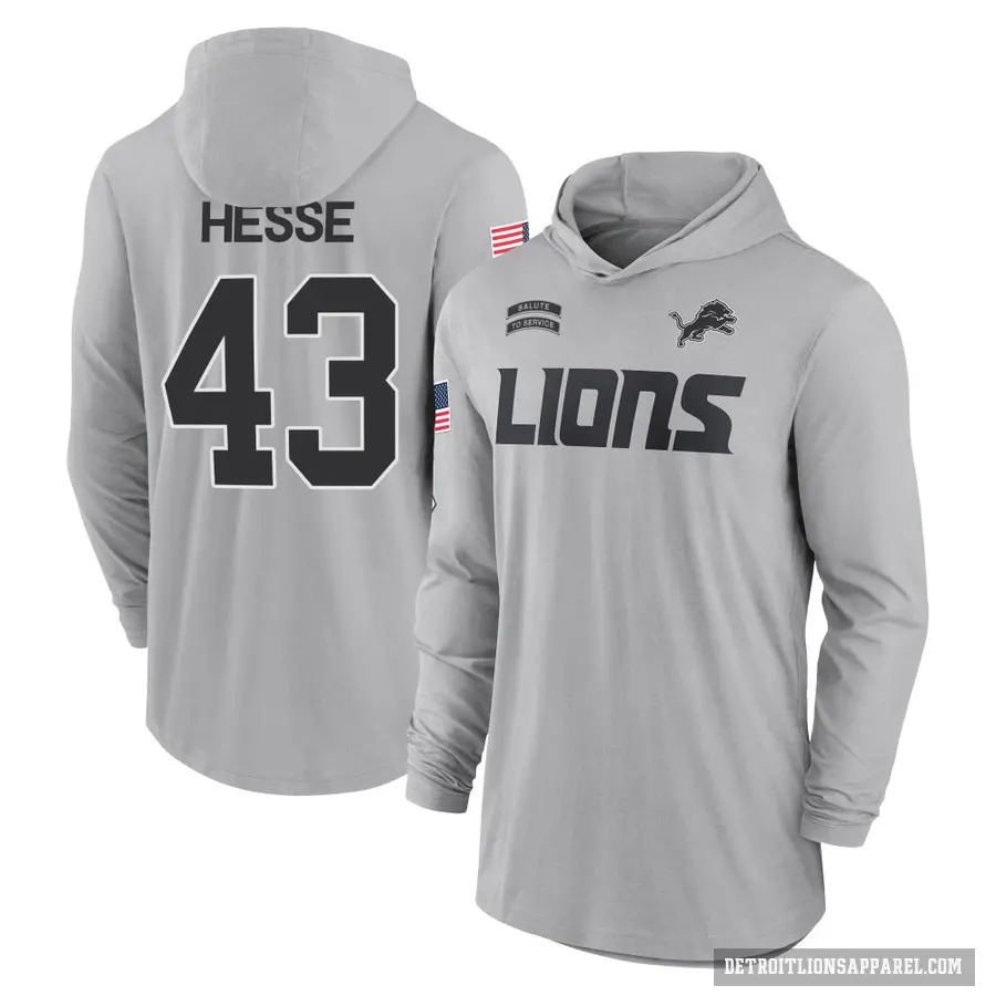Men's ＃43 Parker Hesse Detroit Lions Gray 2024 Salute to Service Lightweight Performance Long Sleeve Hooded T-Shirt