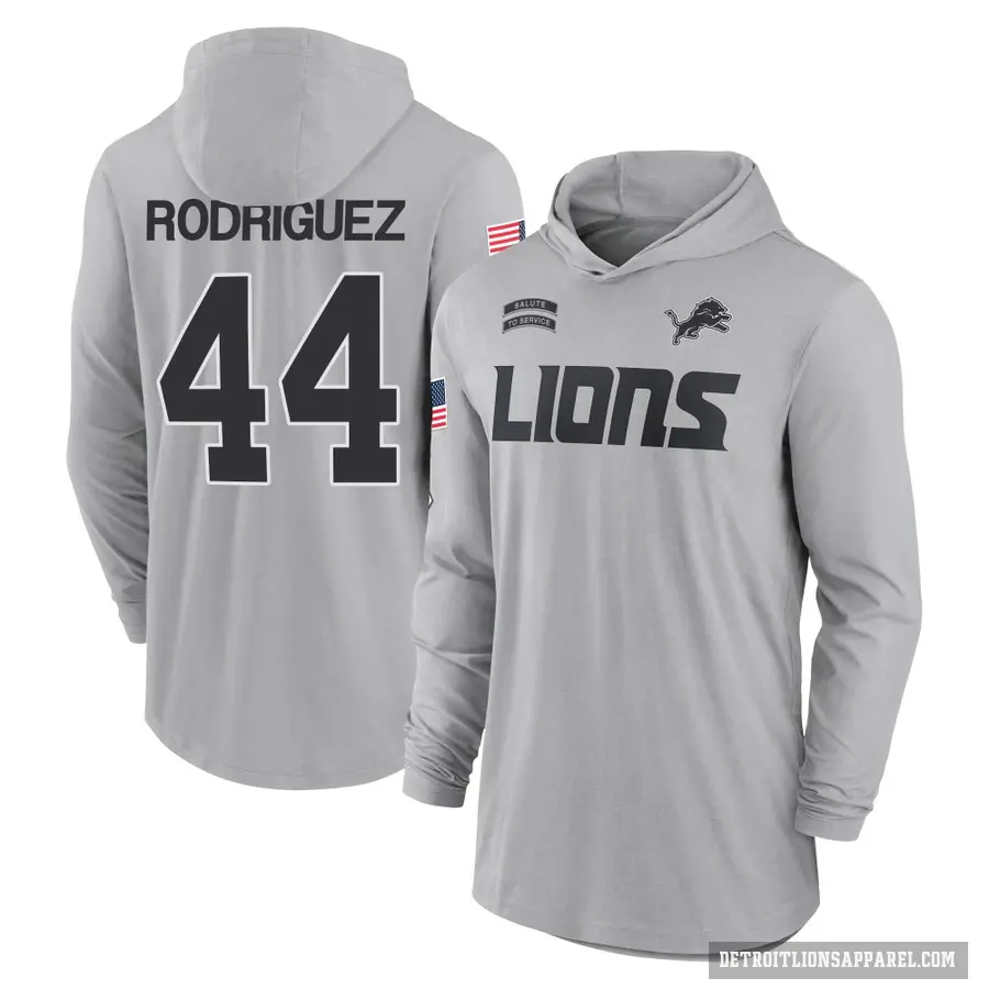 Men's ＃44 Malcolm Rodriguez Detroit Lions Gray 2024 Salute to Service Lightweight Performance Long Sleeve Hooded T-Shirt