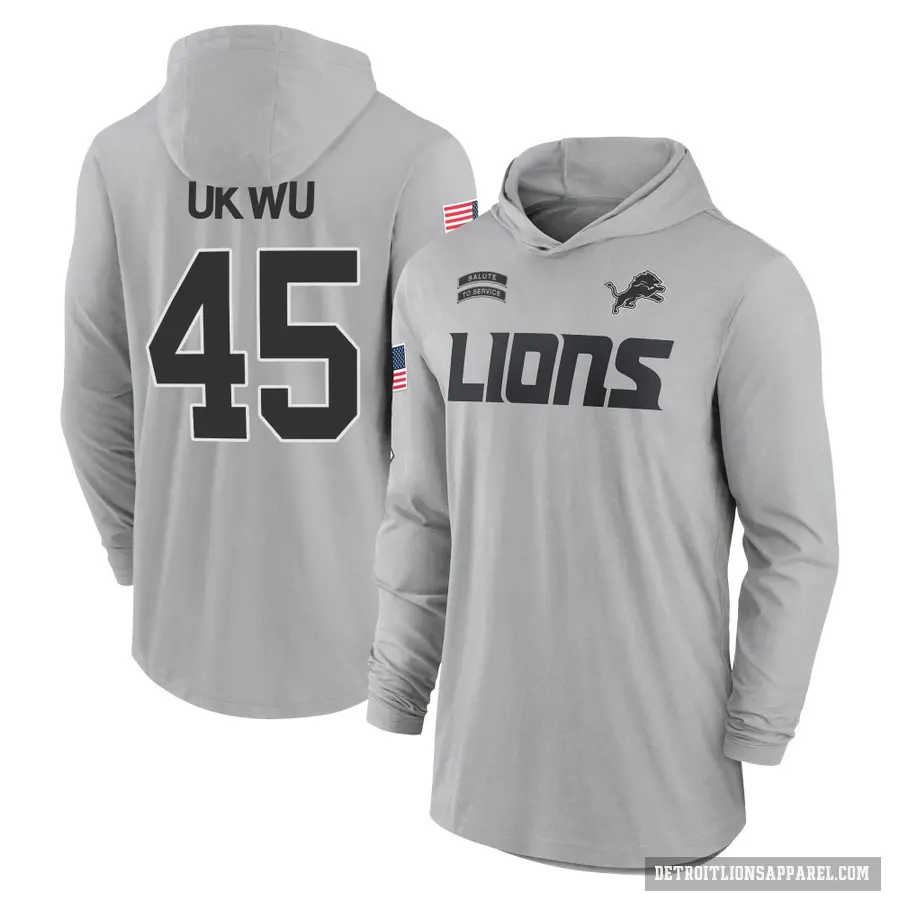 Men's ＃45 Isaac Ukwu Detroit Lions Gray 2024 Salute to Service Lightweight Performance Long Sleeve Hooded T-Shirt
