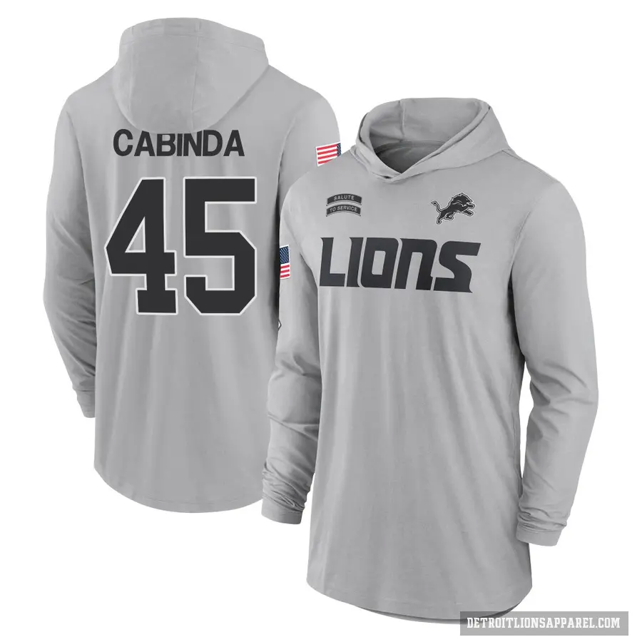 Men's ＃45 Jason Cabinda Detroit Lions Gray 2024 Salute to Service Lightweight Performance Long Sleeve Hooded T-Shirt