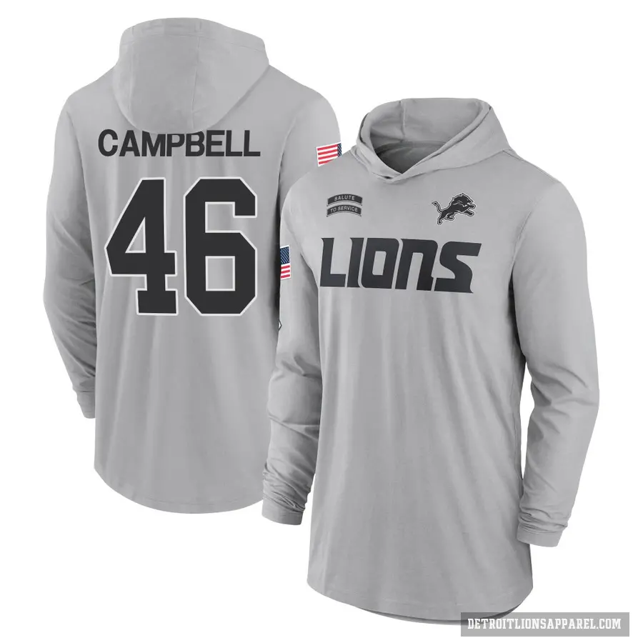 Men's ＃46 Jack Campbell Detroit Lions Gray 2024 Salute to Service Lightweight Performance Long Sleeve Hooded T-Shirt