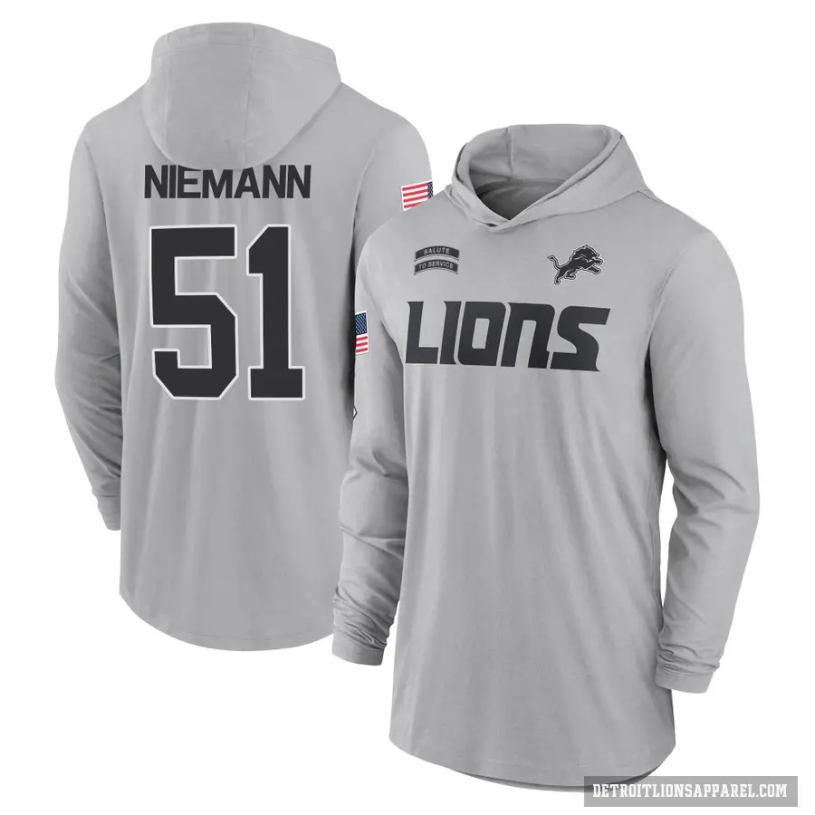 Men's ＃51 Ben Niemann Detroit Lions Gray 2024 Salute to Service Lightweight Performance Long Sleeve Hooded T-Shirt