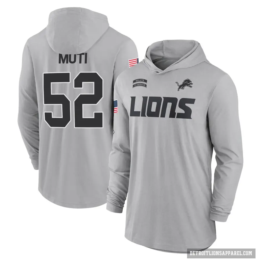 Men's ＃52 Netane Muti Detroit Lions Gray 2024 Salute to Service Lightweight Performance Long Sleeve Hooded T-Shirt