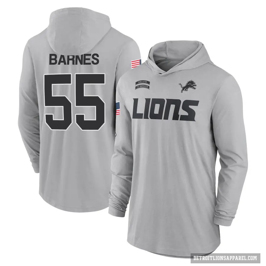 Men's ＃55 Derrick Barnes Detroit Lions Gray 2024 Salute to Service Lightweight Performance Long Sleeve Hooded T-Shirt