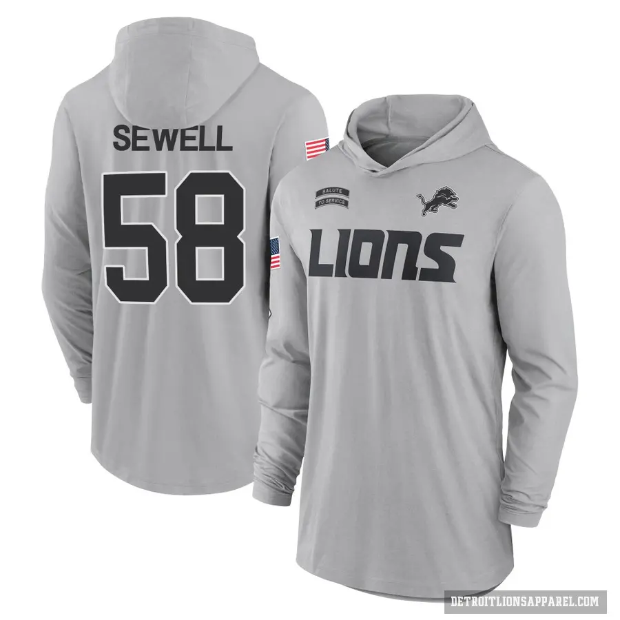 Men's ＃58 Penei Sewell Detroit Lions Gray 2024 Salute to Service Lightweight Performance Long Sleeve Hooded T-Shirt