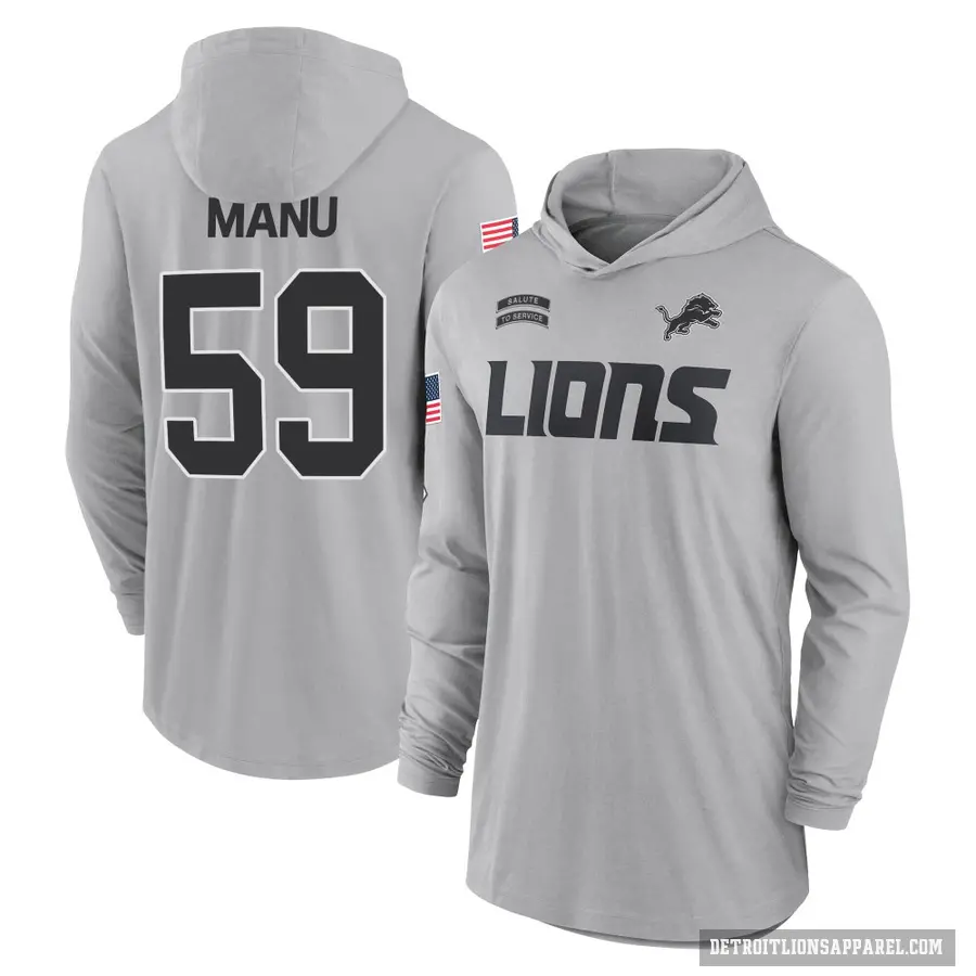 Men's ＃59 Giovanni Manu Detroit Lions Gray 2024 Salute to Service Lightweight Performance Long Sleeve Hooded T-Shirt