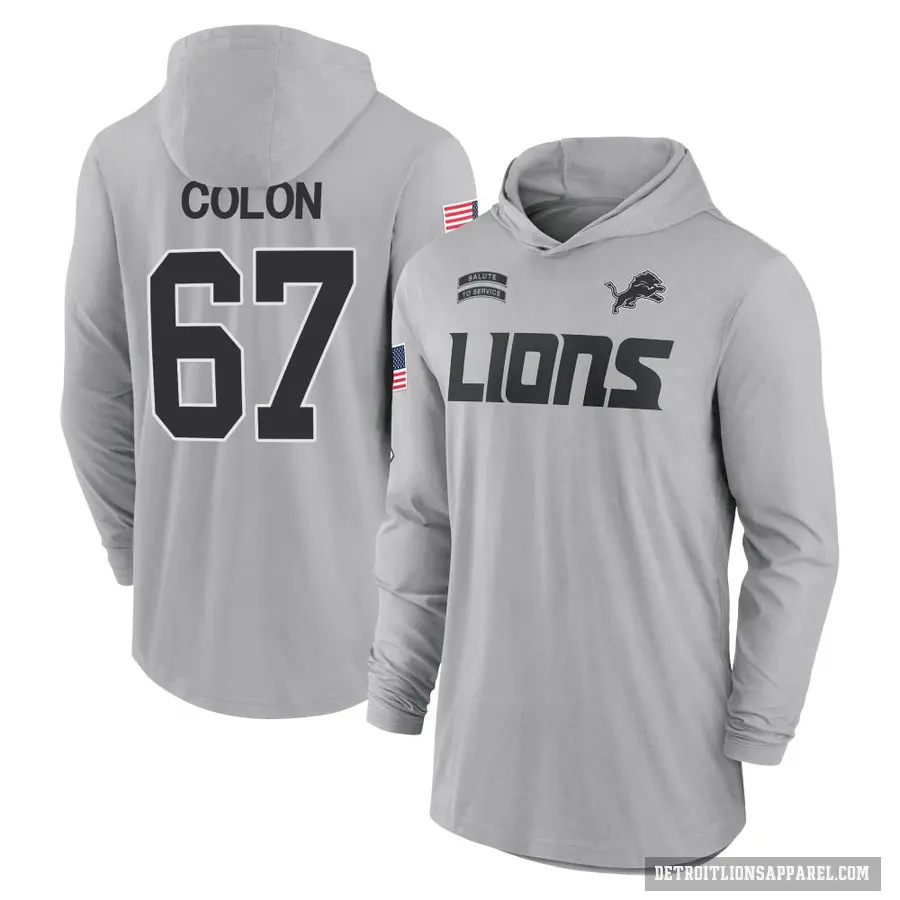 Men's ＃67 Trystan Colon Detroit Lions Gray 2024 Salute to Service Lightweight Performance Long Sleeve Hooded T-Shirt