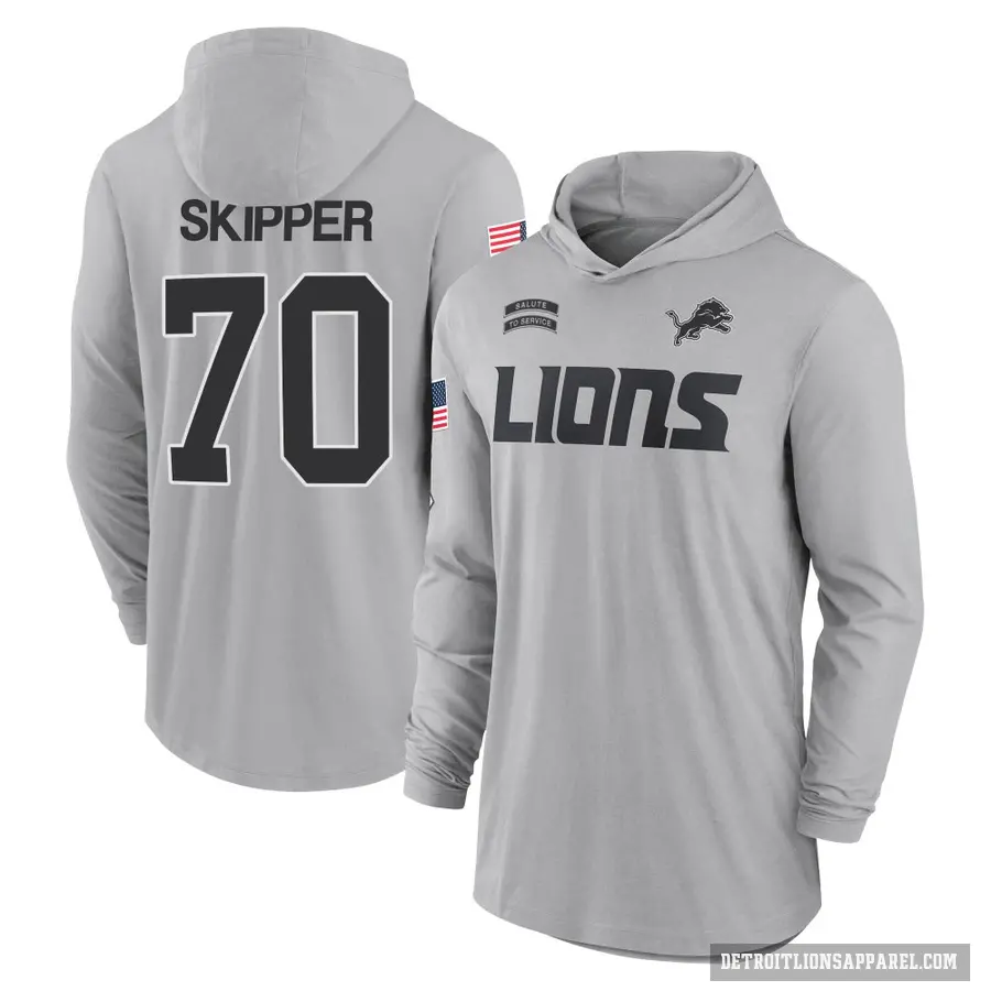 Men's ＃70 Dan Skipper Detroit Lions Gray 2024 Salute to Service Lightweight Performance Long Sleeve Hooded T-Shirt