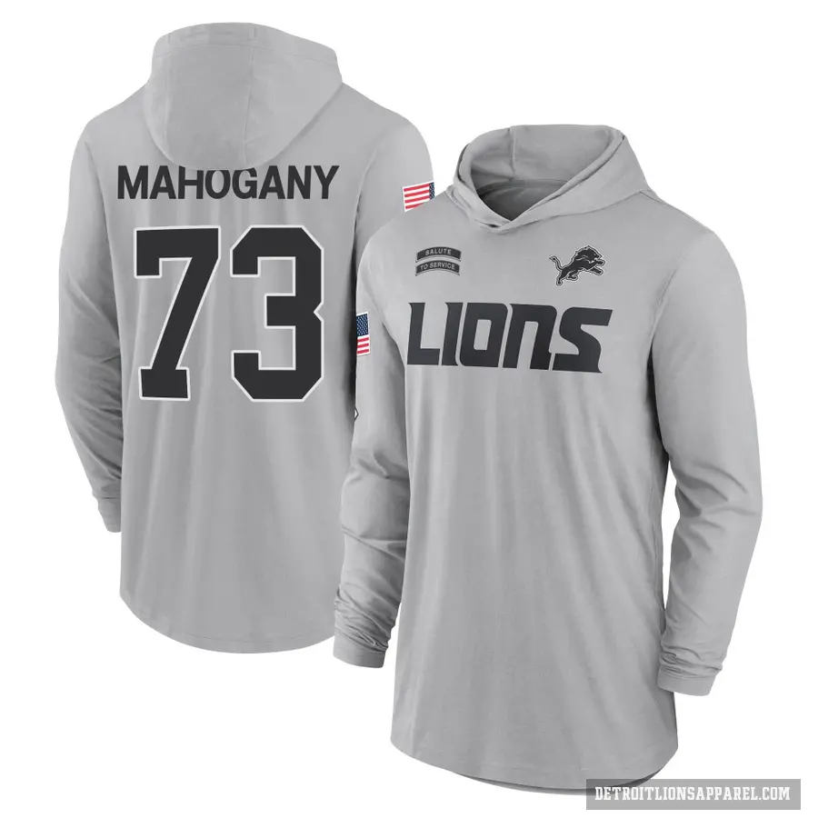 Men's ＃73 Christian Mahogany Detroit Lions Gray 2024 Salute to Service Lightweight Performance Long Sleeve Hooded T-Shirt