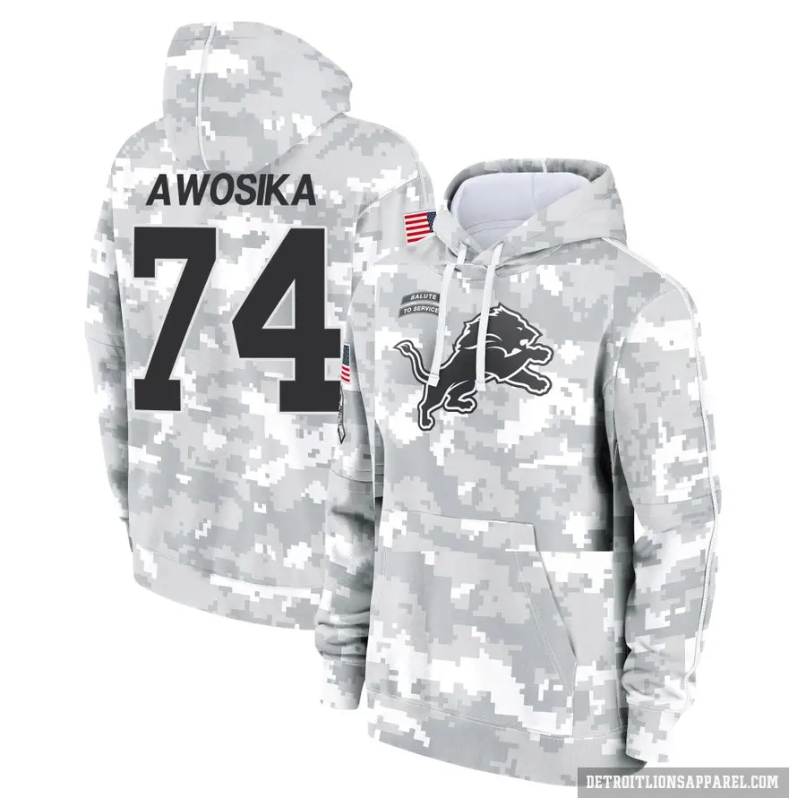 Men's ＃74 Kayode Awosika Detroit Lions Arctic Camo 2024 Salute to Service Club Fleece Pullover Hoodie
