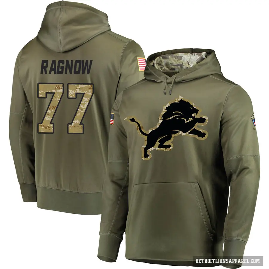 Men's ＃77 Frank Ragnow Detroit Lions Olive Salute to Service Pullover Hoodie