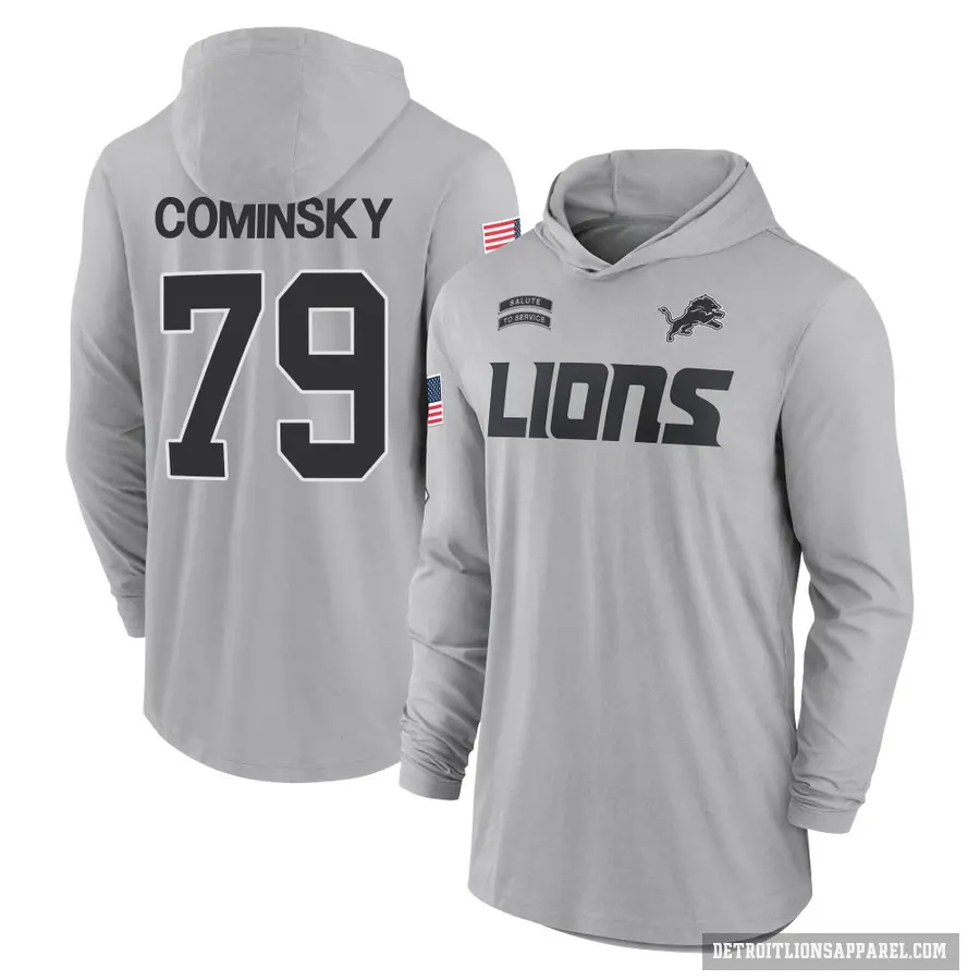 Men's ＃79 John Cominsky Detroit Lions Gray 2024 Salute to Service Lightweight Performance Long Sleeve Hooded T-Shirt