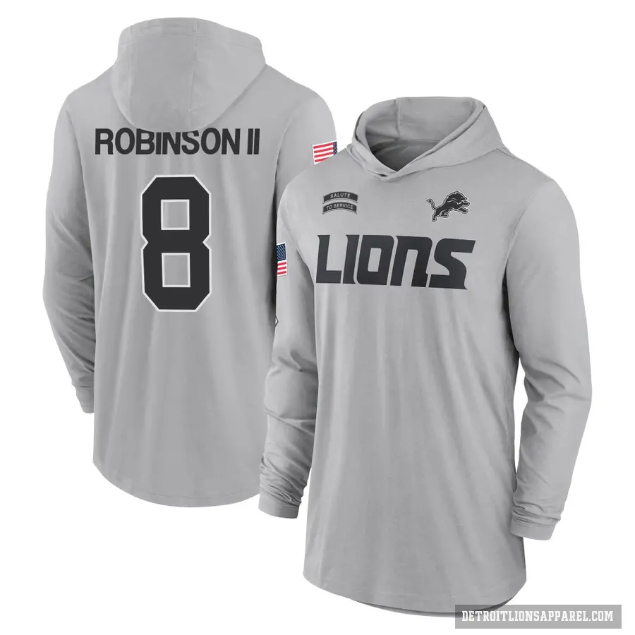 Men's ＃8 Allen Robinson Detroit Lions Gray 2024 Salute to Service Lightweight Performance Long Sleeve Hooded T-Shirt