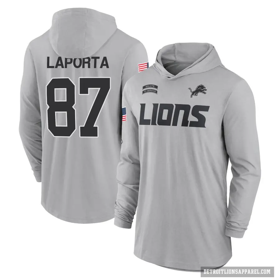 Men's ＃87 Sam LaPorta Detroit Lions Gray 2024 Salute to Service Lightweight Performance Long Sleeve Hooded T-Shirt