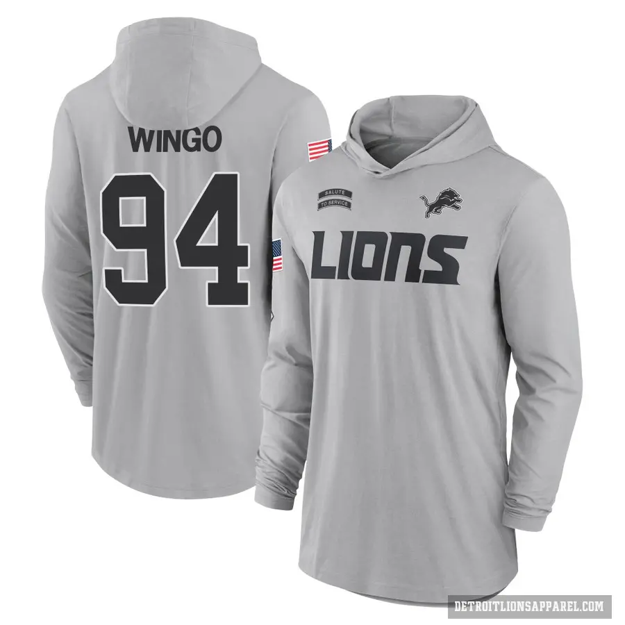 Men's ＃94 Mekhi Wingo Detroit Lions Gray 2024 Salute to Service Lightweight Performance Long Sleeve Hooded T-Shirt