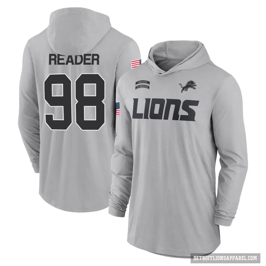 Men's ＃98 DJ Reader Detroit Lions Gray 2024 Salute to Service Lightweight Performance Long Sleeve Hooded T-Shirt