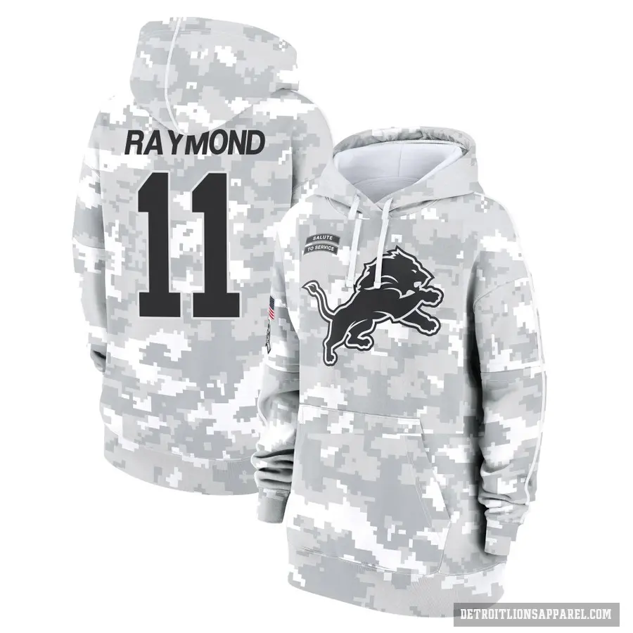 Women's ＃11 Kalif Raymond Detroit Lions Arctic Camo 2024 Salute to Service Club Fleece Pullover Hoodie