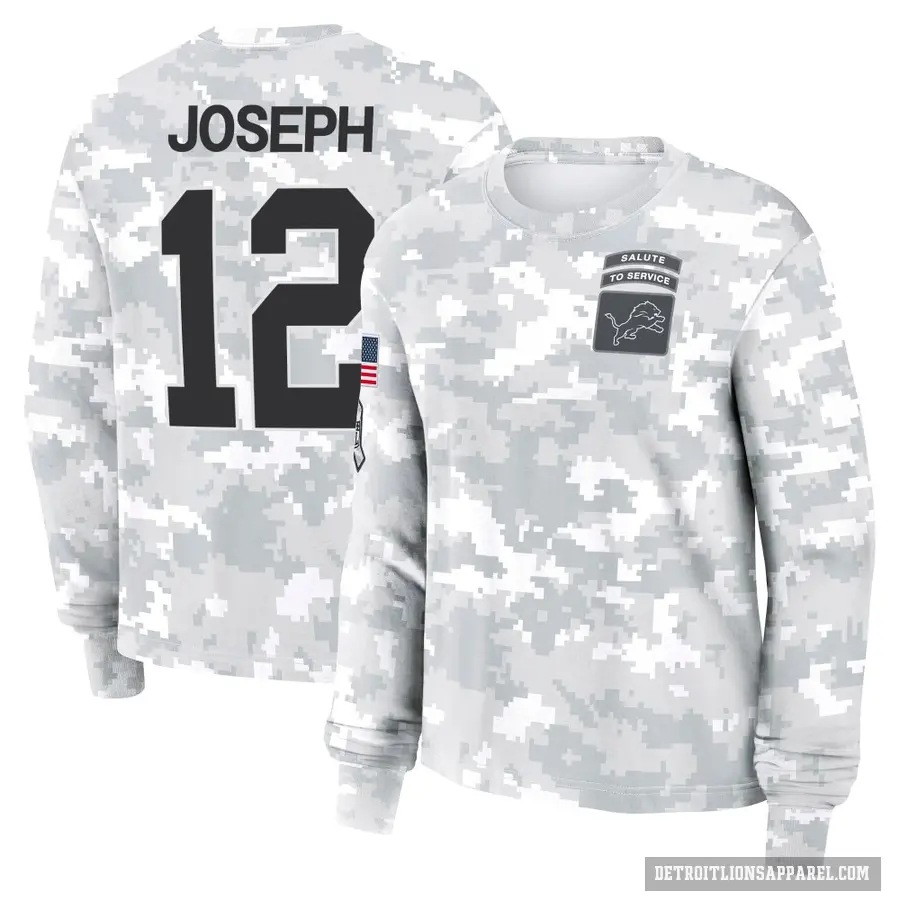 Women's ＃12 Brandon Joseph Detroit Lions Camo Arctic 2024 Salute to Service Long Sleeve T-Shirt
