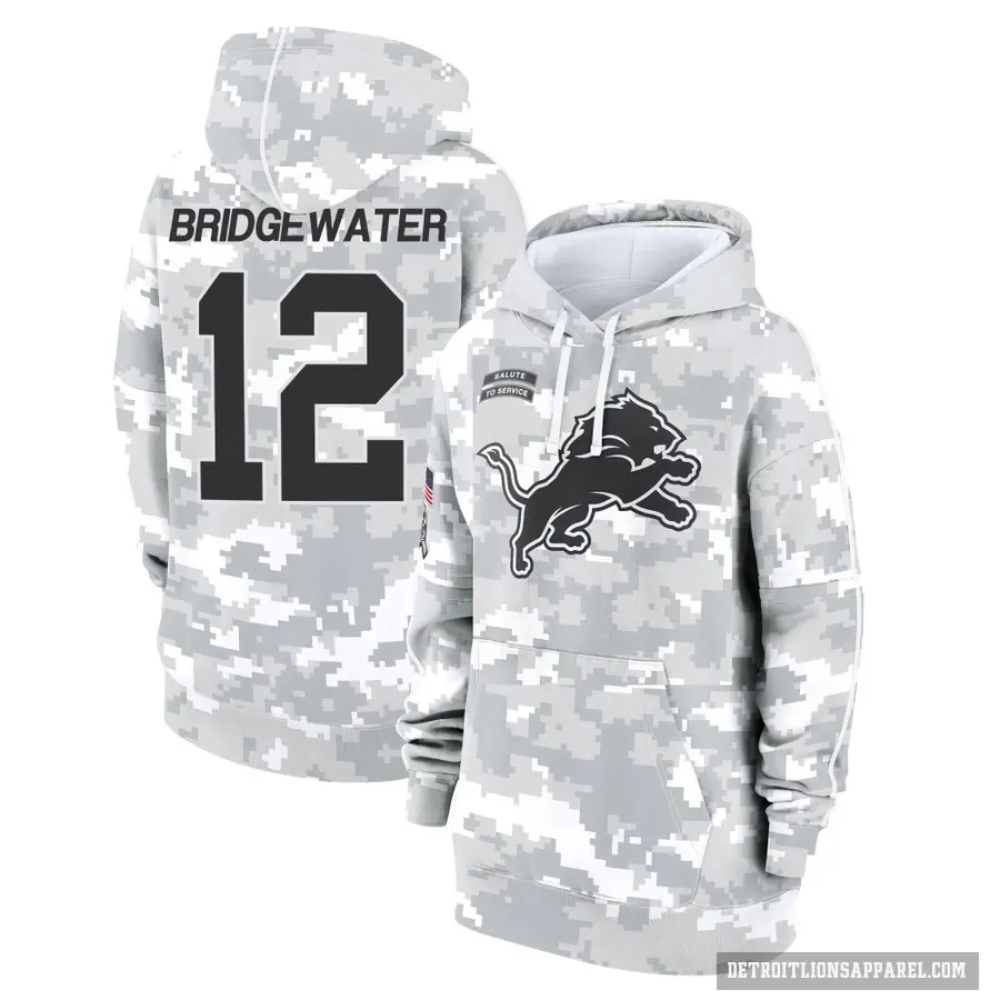 Women's ＃12 Teddy Bridgewater Detroit Lions Arctic Camo 2024 Salute to Service Club Fleece Pullover Hoodie