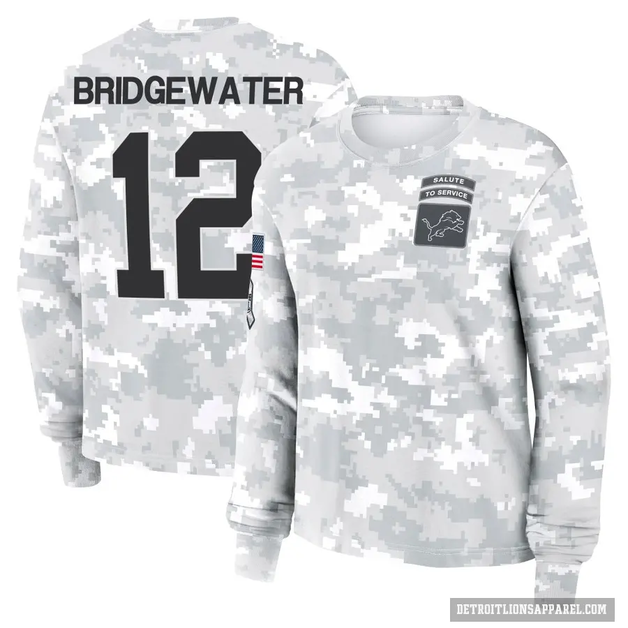 Women's ＃12 Teddy Bridgewater Detroit Lions Camo Arctic 2024 Salute to Service Long Sleeve T-Shirt