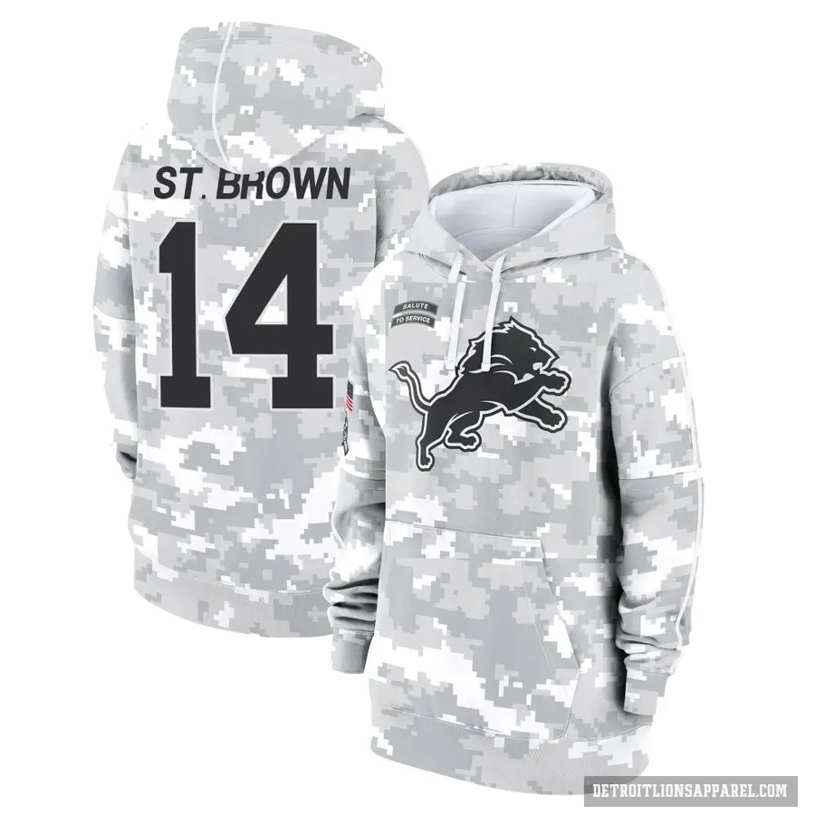 Women's ＃14 Amon-Ra St. Brown Detroit Lions Arctic Camo 2024 Salute to Service Club Fleece Pullover Hoodie