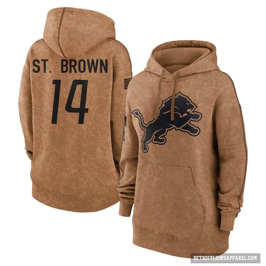 Women's ＃14 Amon-Ra St. Brown Detroit Lions Brown 2023 Salute To Service Pullover Hoodie