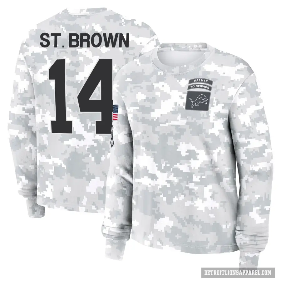 Women's ＃14 Amon-Ra St. Brown Detroit Lions Brown Arctic Camo 2024 Salute to Service Long Sleeve T-Shirt
