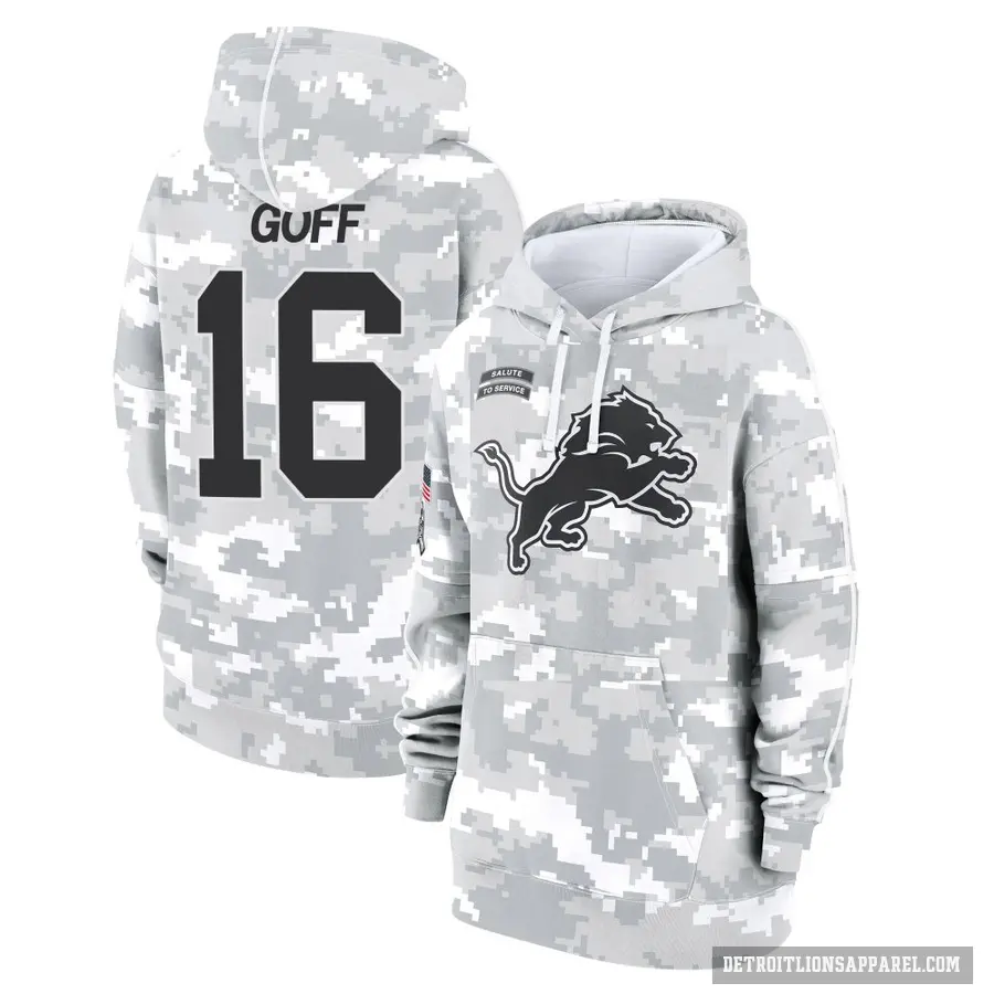 Women's ＃16 Jared Goff Detroit Lions Arctic Camo 2024 Salute to Service Club Fleece Pullover Hoodie
