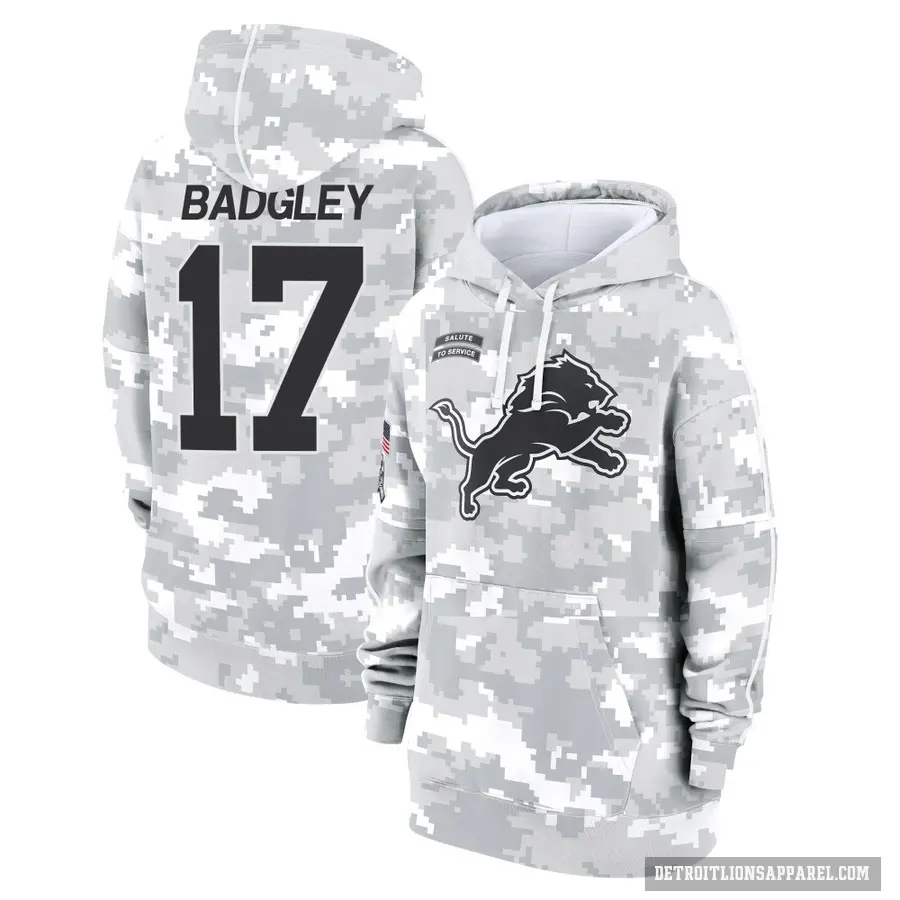 Women's ＃17 Michael Badgley Detroit Lions Arctic Camo 2024 Salute to Service Club Fleece Pullover Hoodie