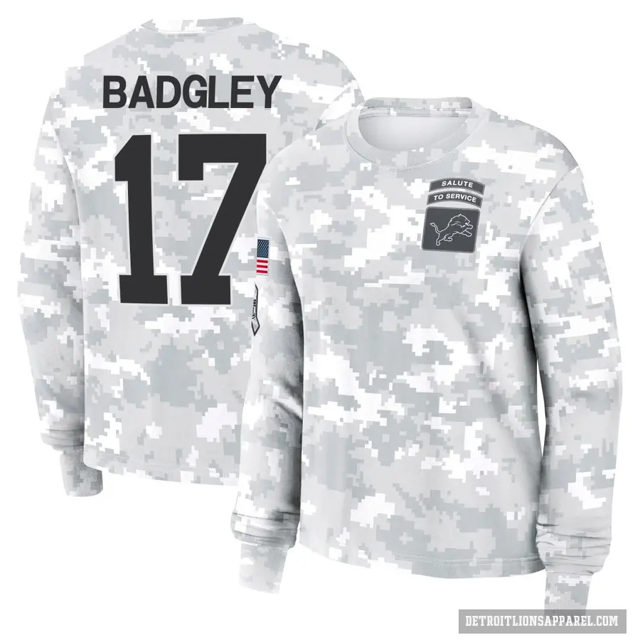 Women's ＃17 Michael Badgley Detroit Lions Camo Arctic 2024 Salute to Service Long Sleeve T-Shirt